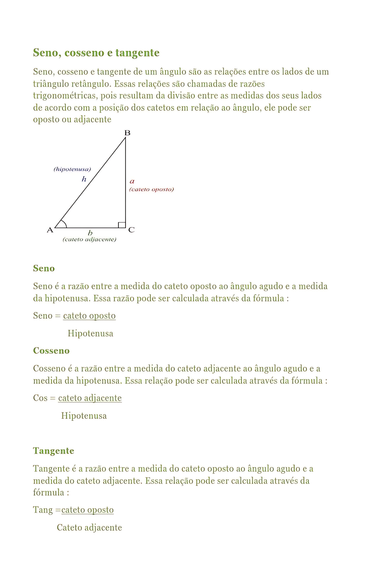 MAPA MENTAL SOBRE SENO, COSSENO E TANGENTE