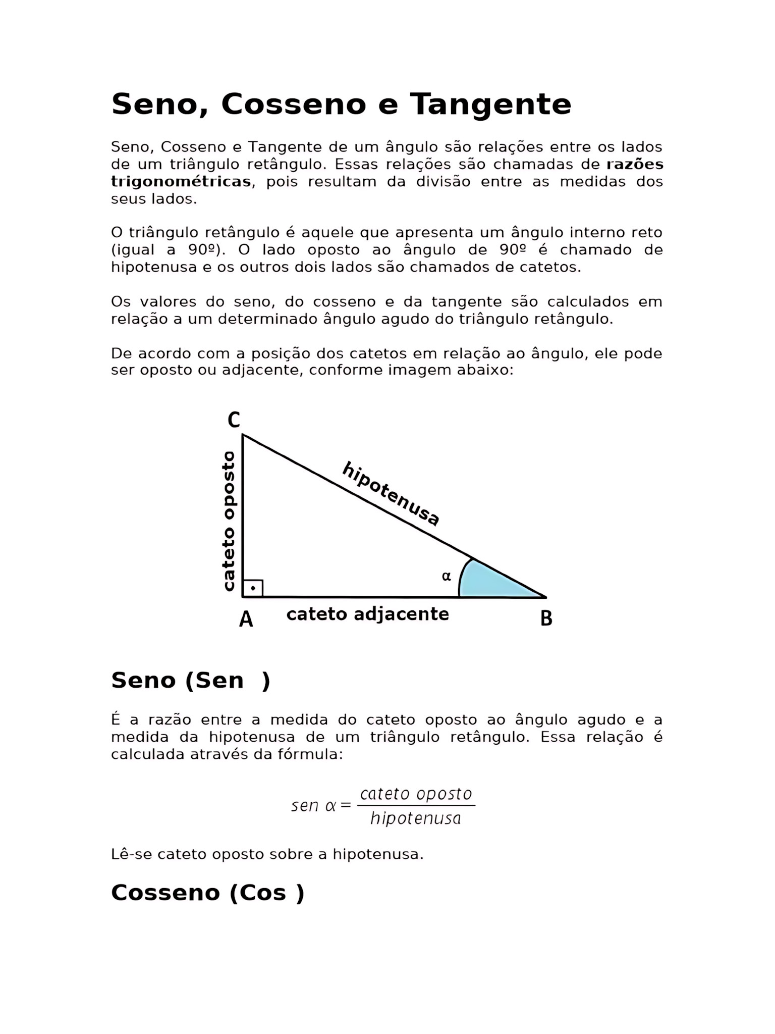 MAPA MENTAL SOBRE SENO, COSSENO E TANGENTE